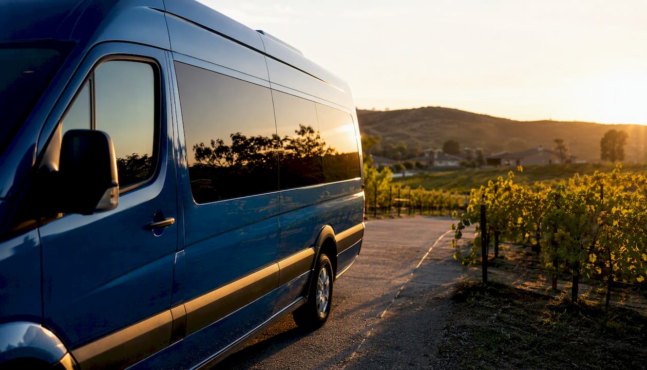 Partial view of charter van door near vineyards