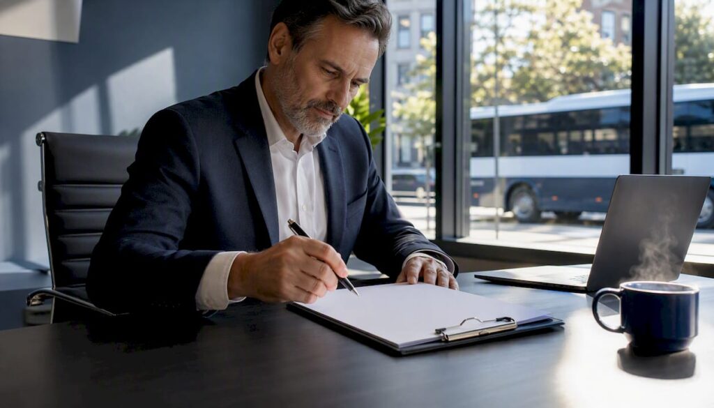 Person preparing charter bus contract with bus outside