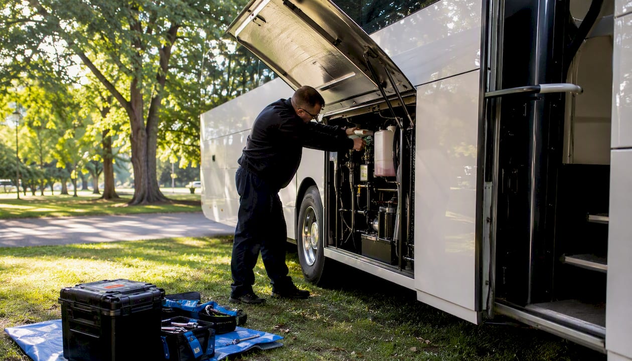 Bus driver checking tire pressure during pre-trip inspection