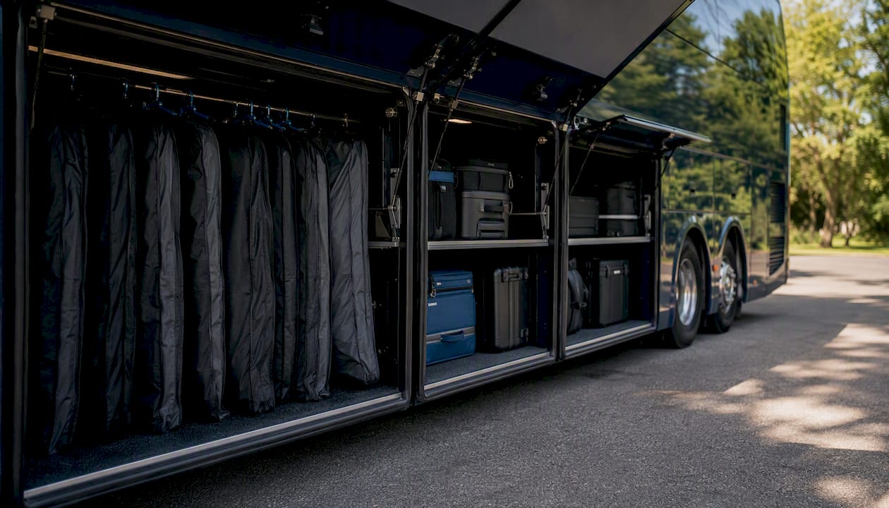 Charter bus open luggage storage bays