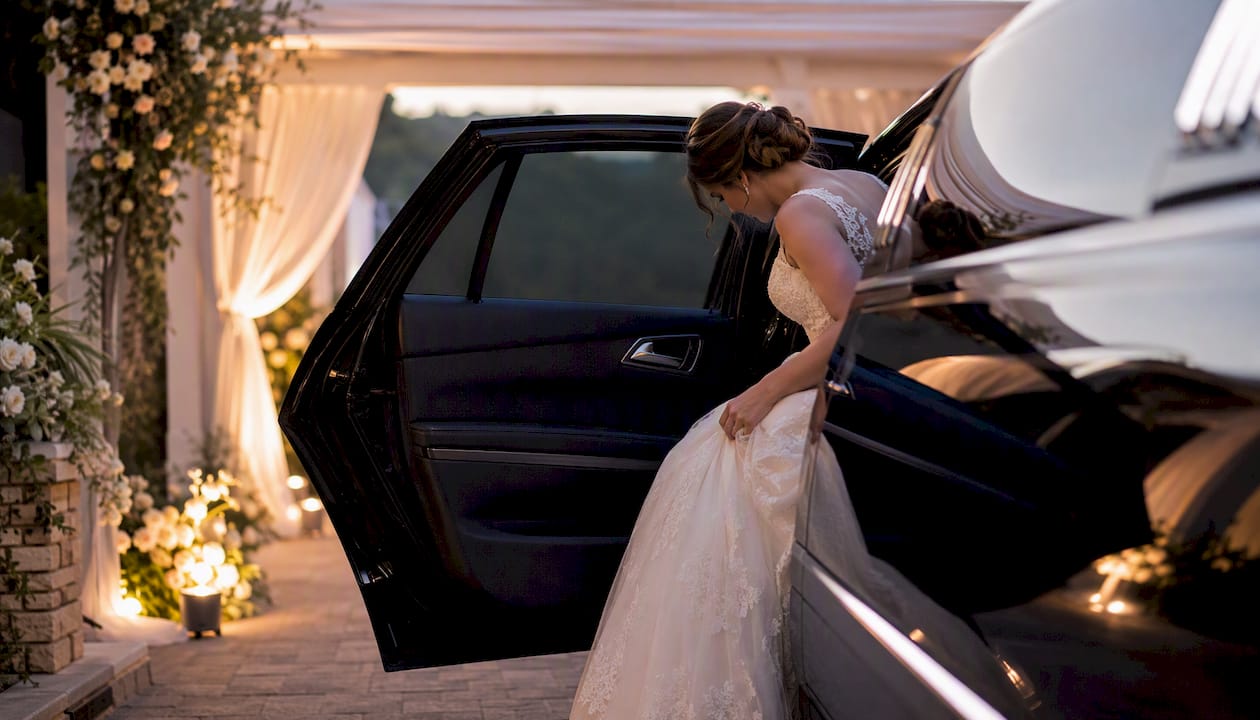 Bridesmaid boarding stretch limousine with gown