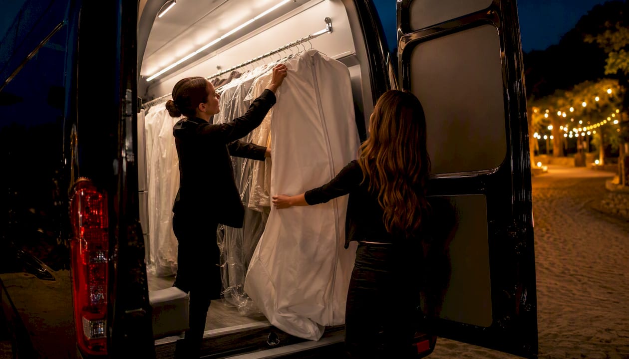 Loading bridal dresses into sprinter van