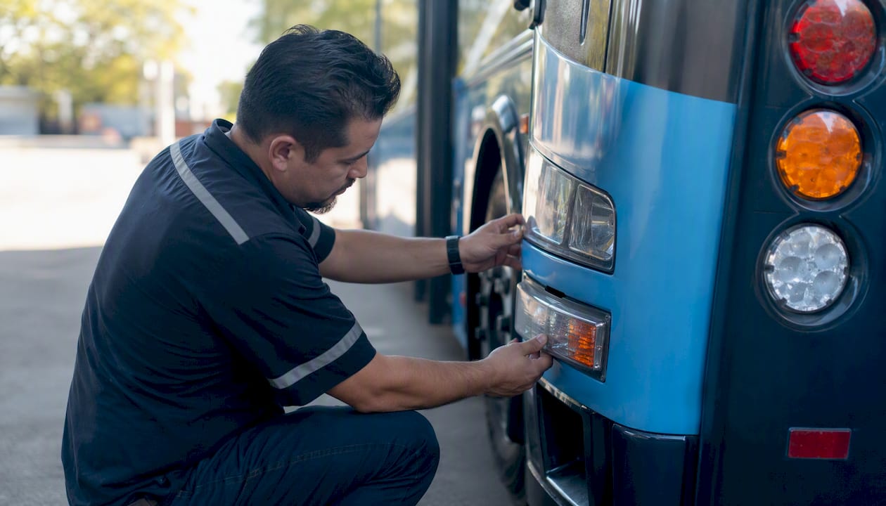 Bus driver inspecting side mirror and tire