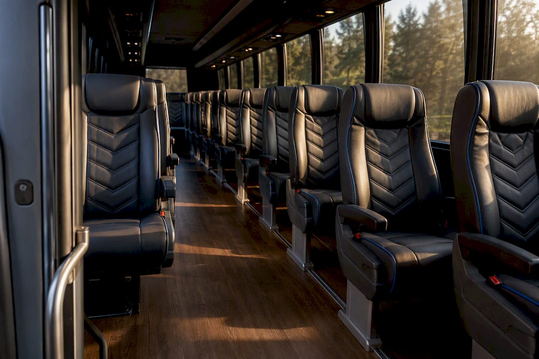 Interior seating row of mid-size charter bus