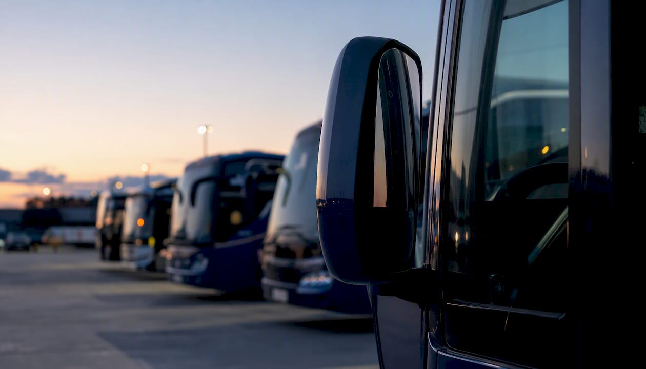 Portland charter bus yard at sunset