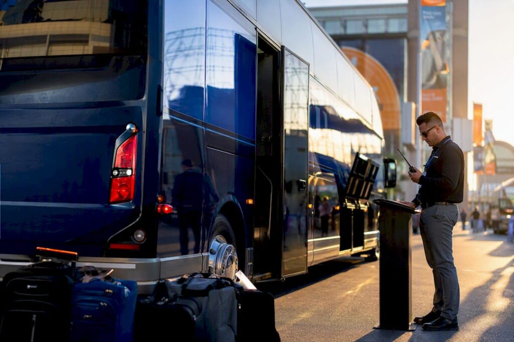 Charter shuttle bus boarding at trade show