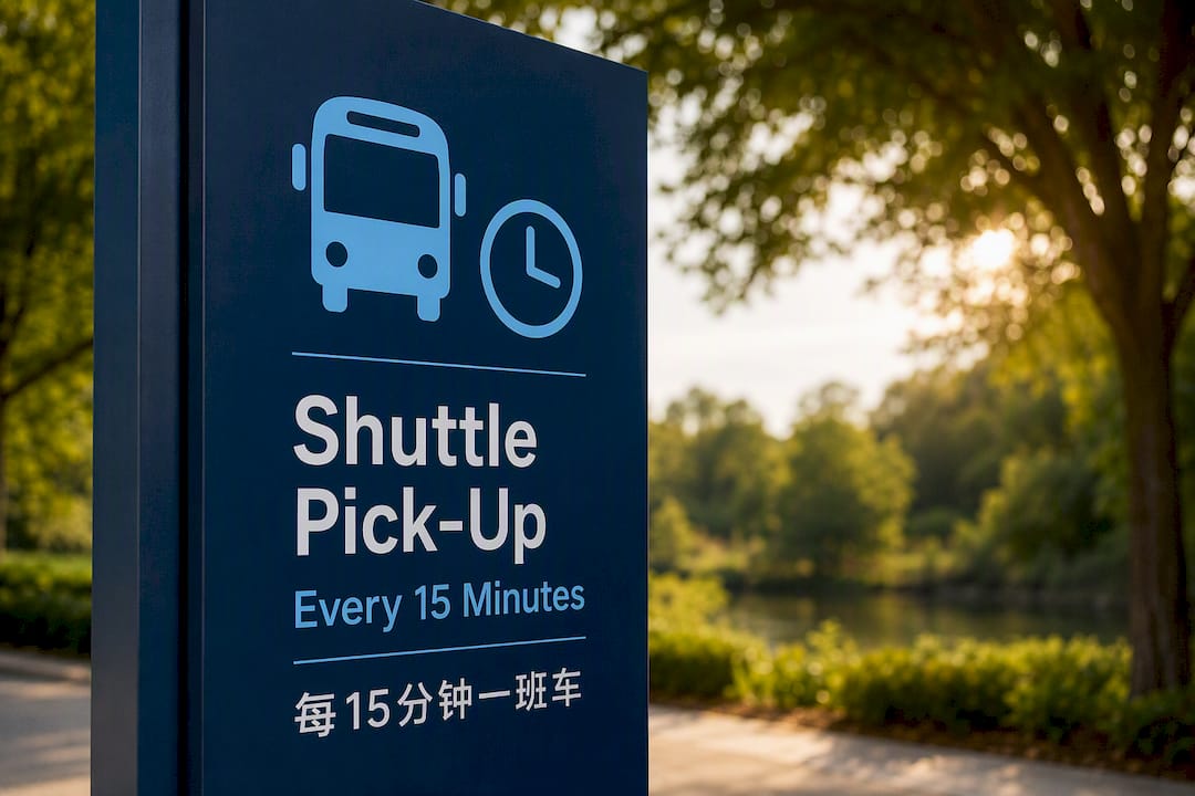Accessible multilingual shuttle sign close-up