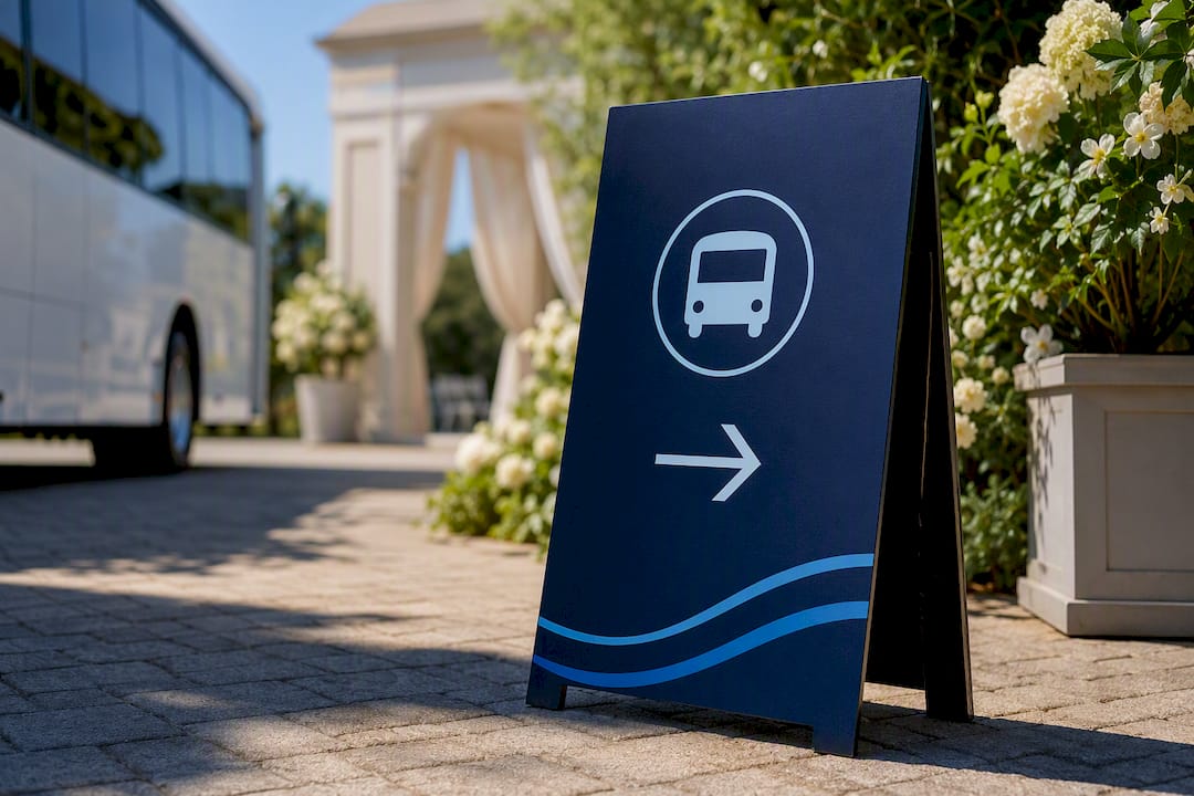 A-frame shuttle service sign at venue entrance