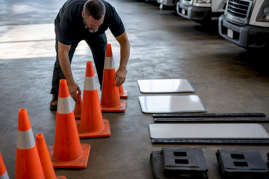 Hands organizing vehicle accessories at wedding fleet