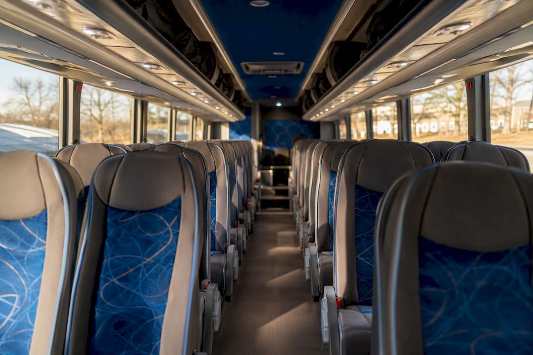 Full charter bus seating interior without passengers