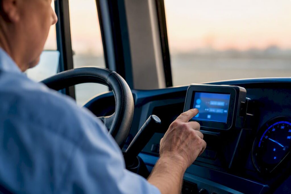 Charter driver checking electronic hours device
