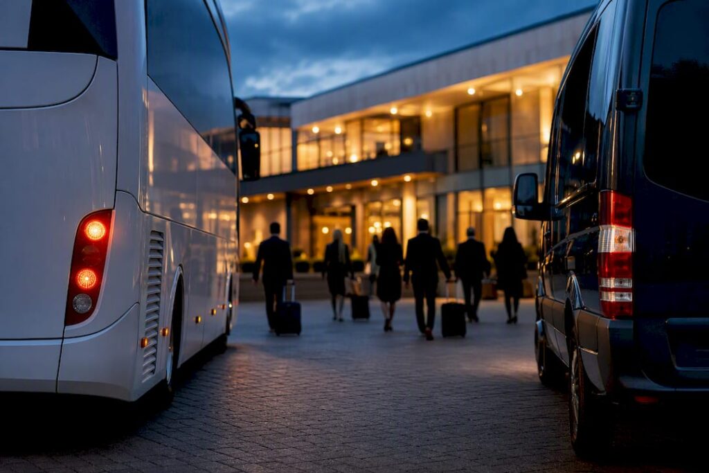 Charter bus and van at event arrival