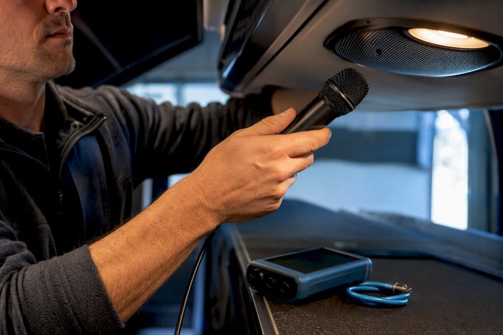 Technician testing charter bus microphone