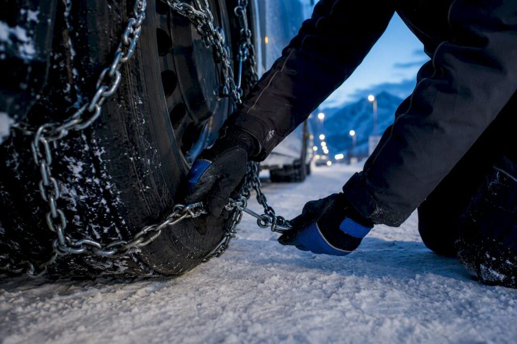 Hands fitting snow chains onto bus tire