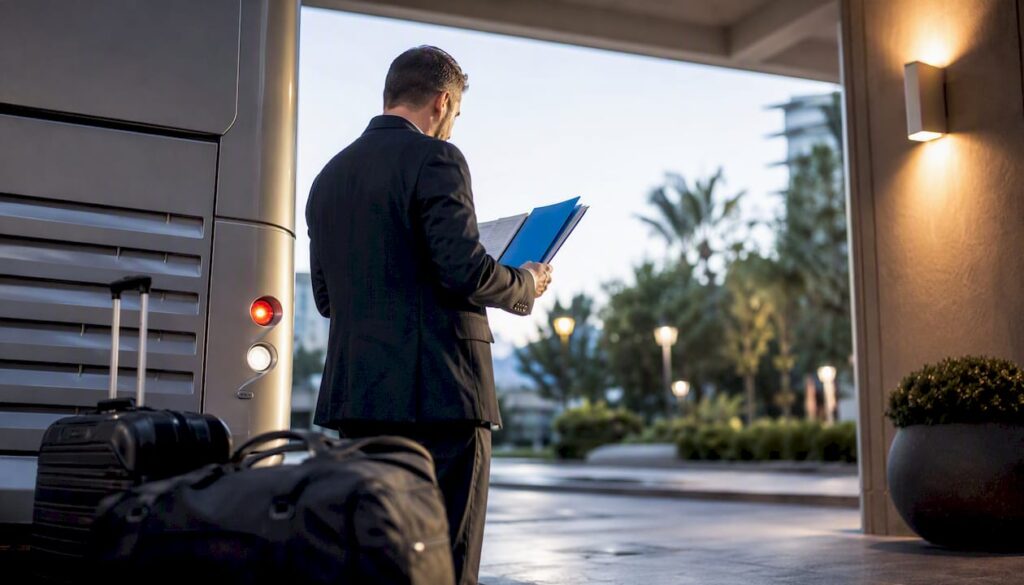 Organizer reviewing charter travel documents