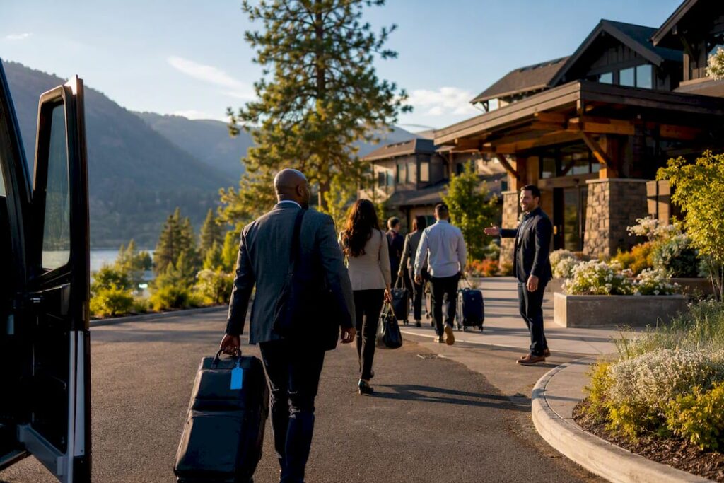 Conference attendees arriving at Hood River venue