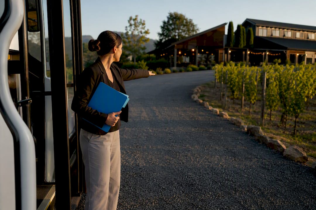 Coordinator checking vineyard venue shuttle access