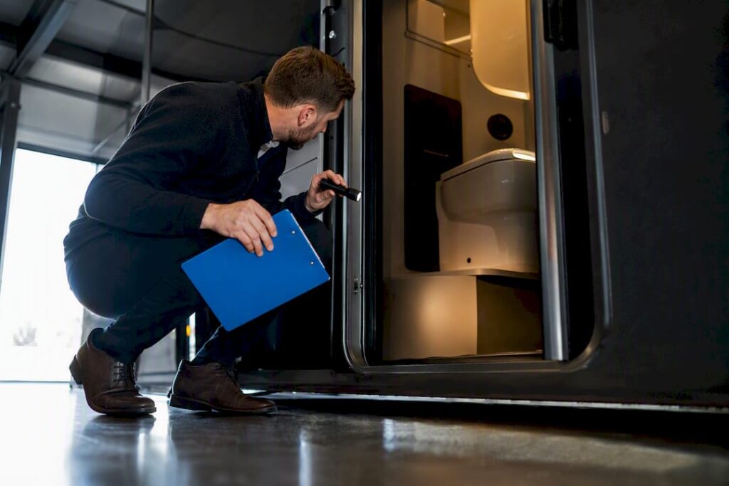 Planner inspecting onboard restroom access
