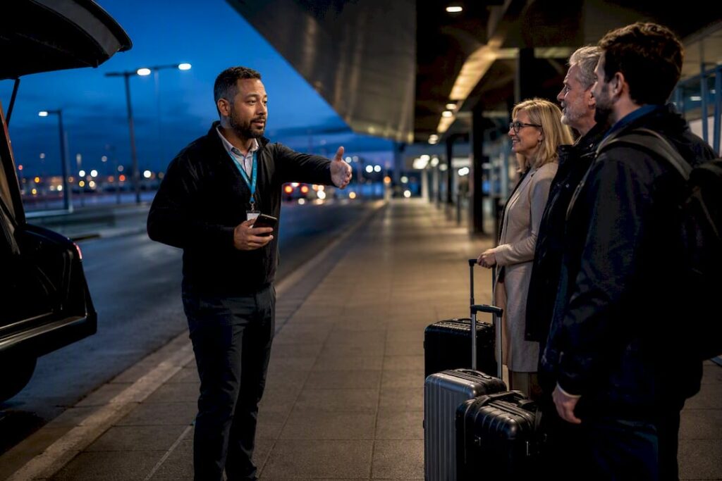 Coordinator guiding travelers at airport curb