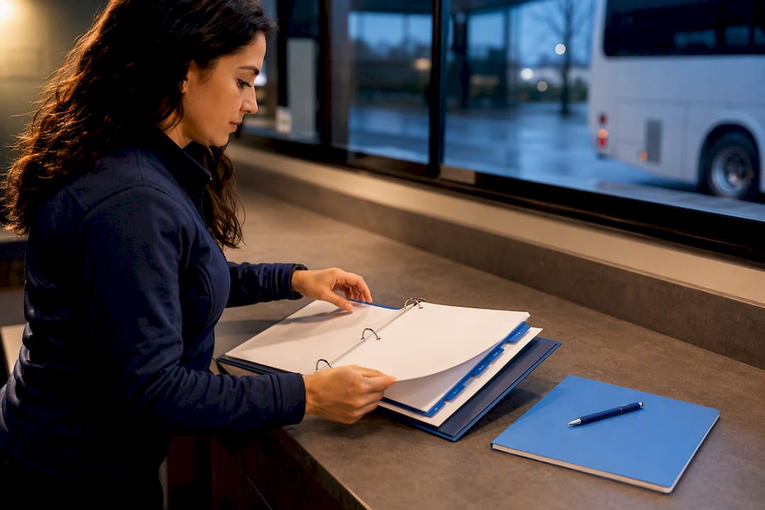 Coordinator organizing school trip compliance documents