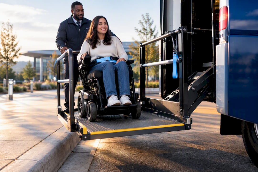 Passenger using charter bus platform lift