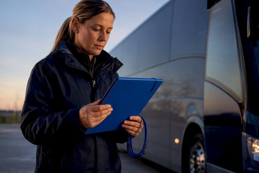 Coordinator reviewing travel documents beside coach