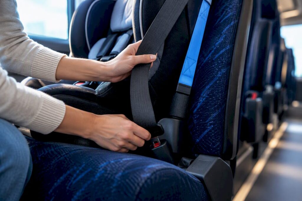 Parent checking car seat belt on bus