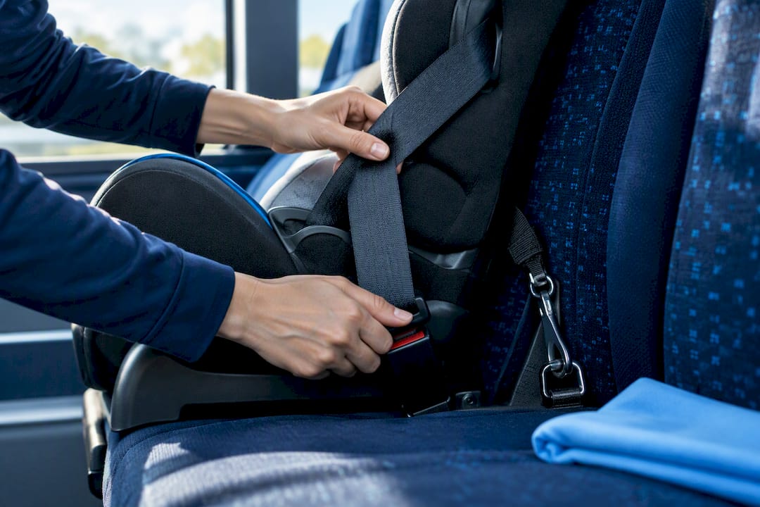 Hands routing belt through car seat path