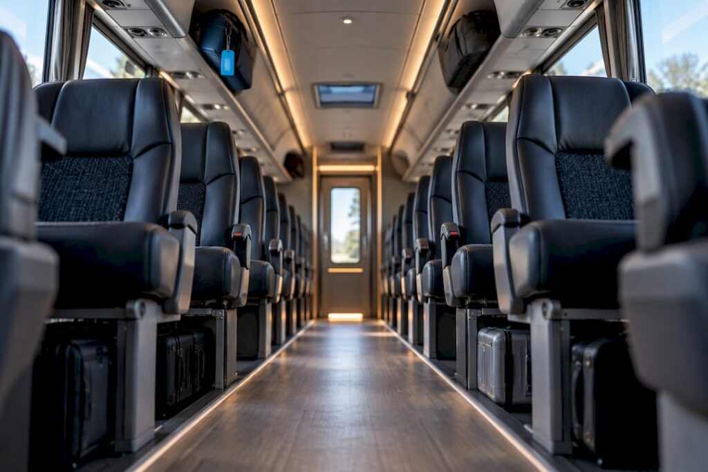Clear charter bus aisle with secured luggage
