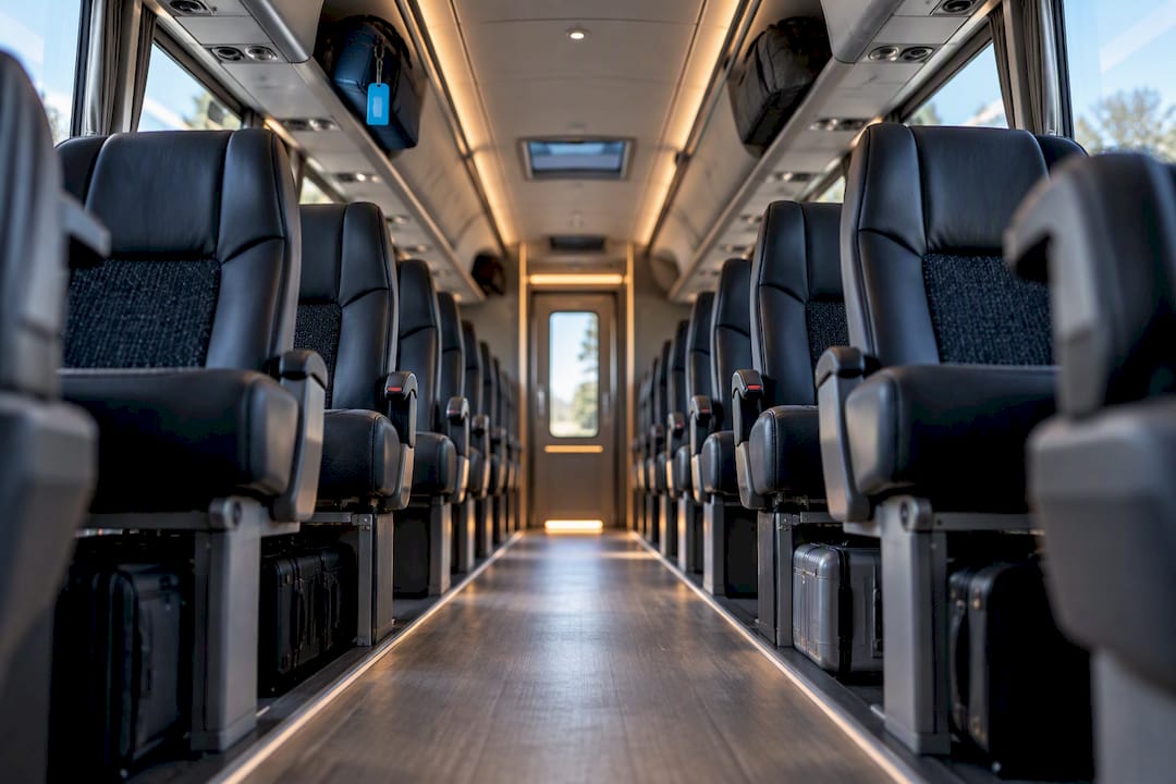 Clear charter bus aisle with secured luggage
