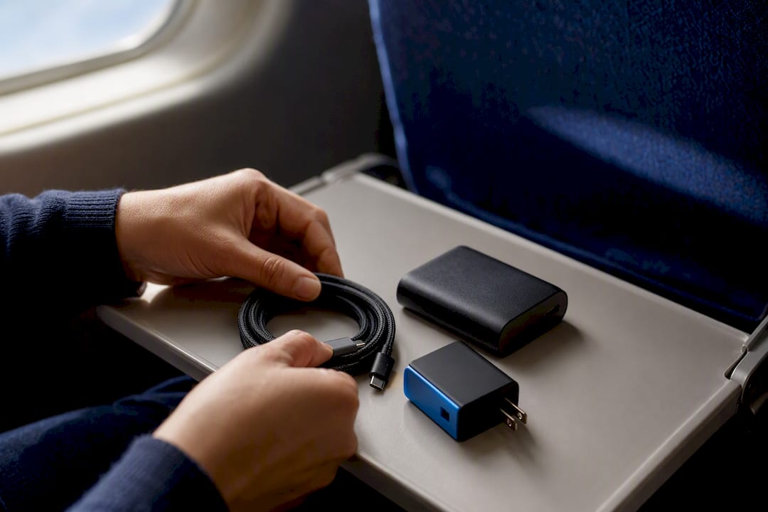 Passenger preparing a travel charging kit