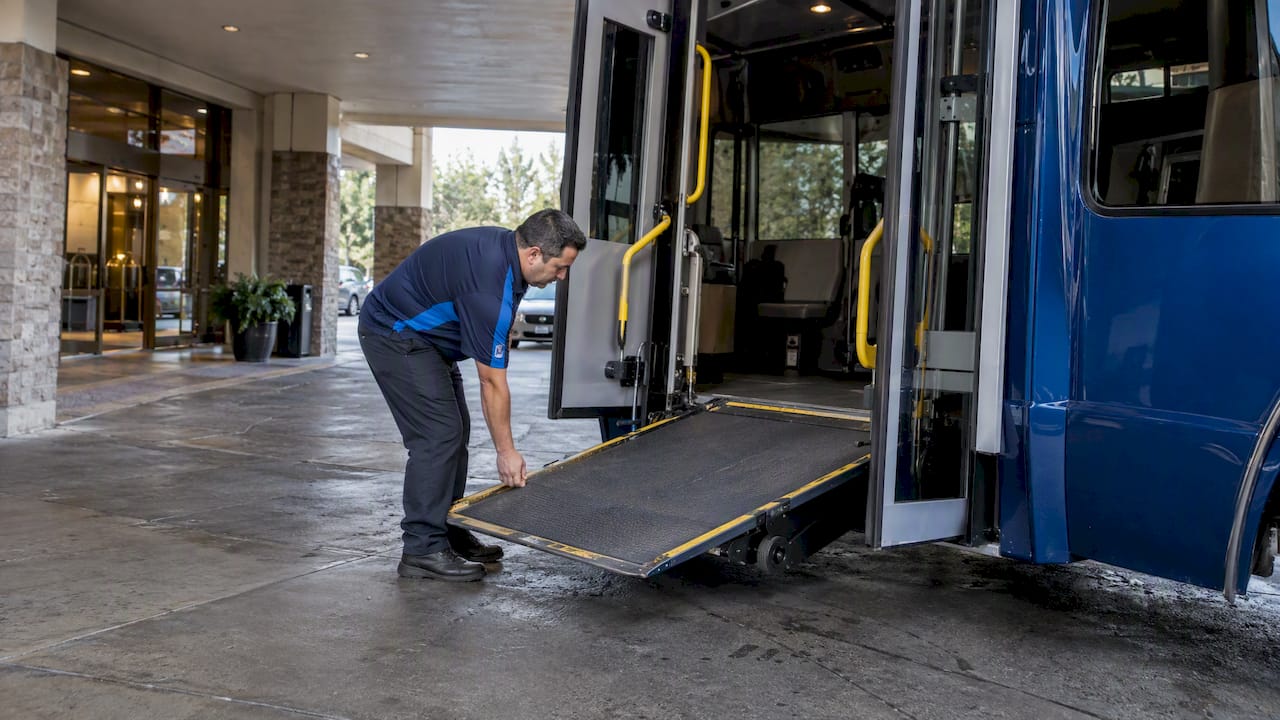 Accessible shuttle ramp at hotel loading area