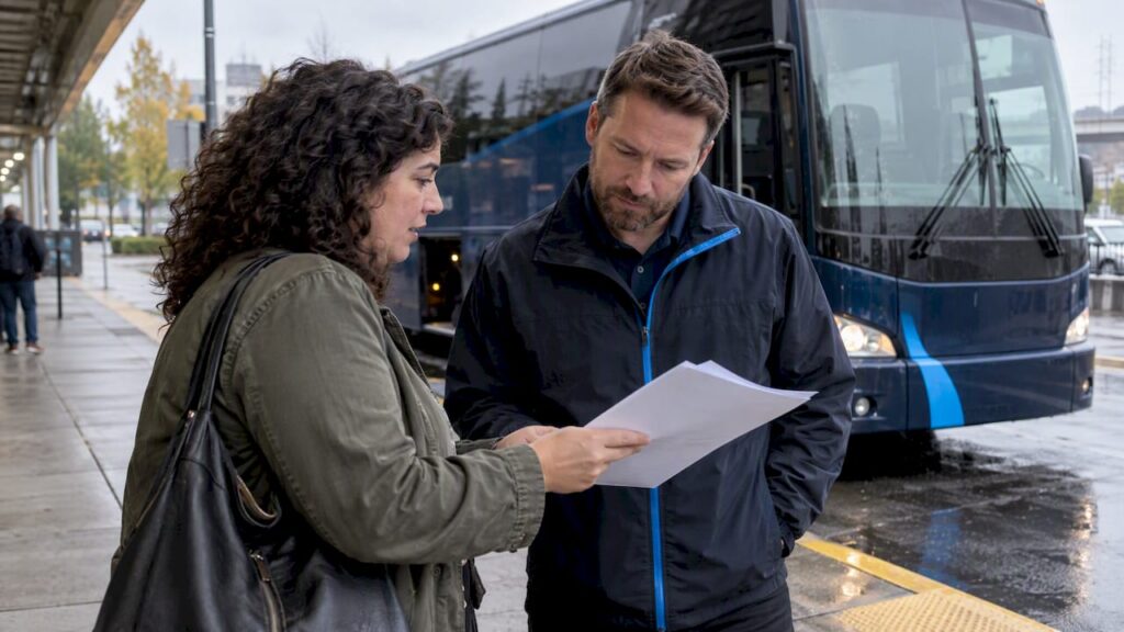 Planner reviewing charter bus quote beside coach