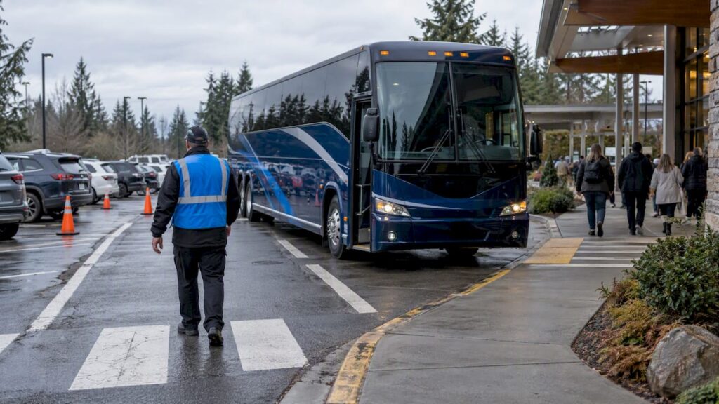 Charter coach navigating an event venue arrival loop