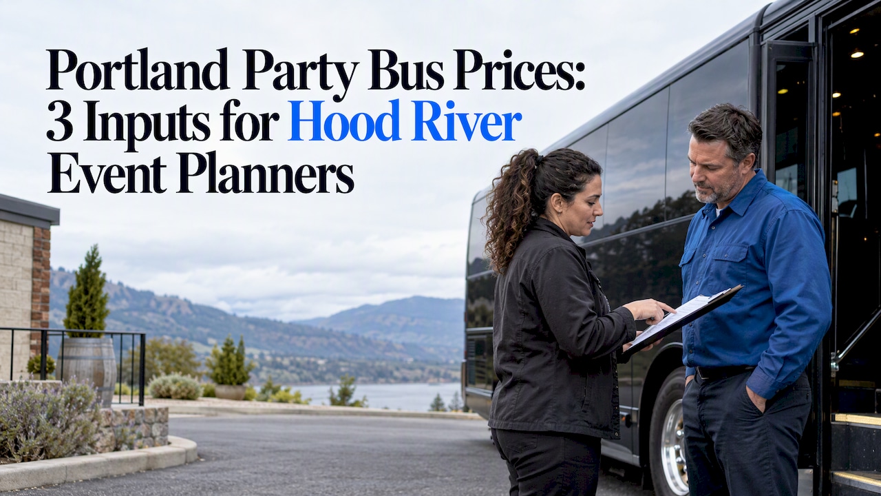 Planner discussing a party bus quote beside bus