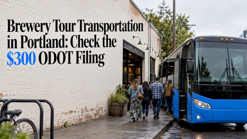 Charter coach outside a Portland brewery