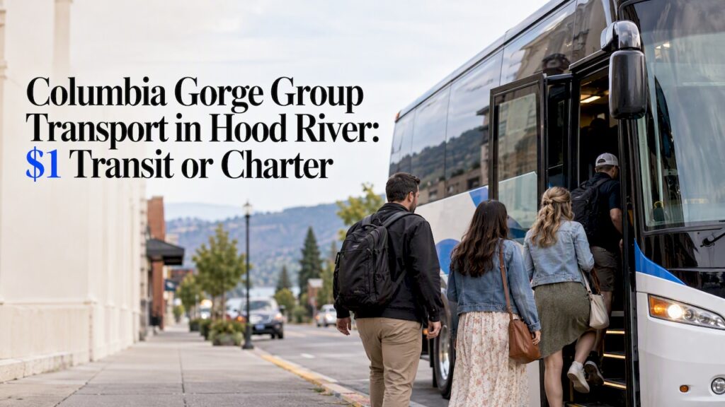 Group boarding a charter coach in Hood River