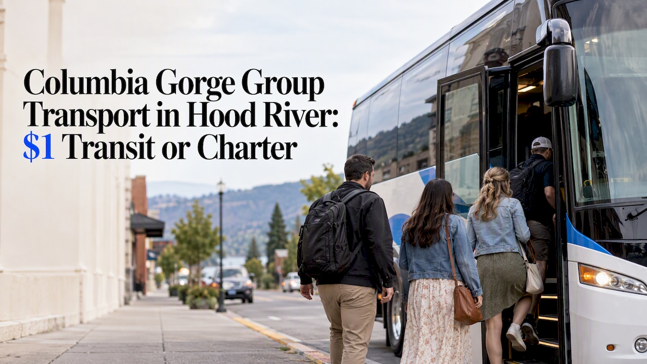 Group boarding a charter coach in Hood River